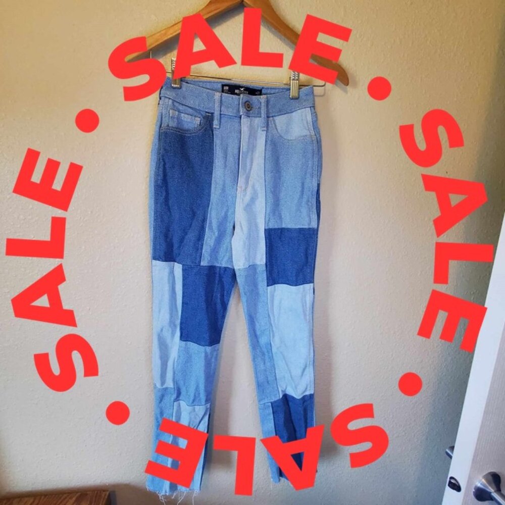Hollister Ultra High Rise Mom Patchwork Jeans Women W23 L27 Blue Raw Hem